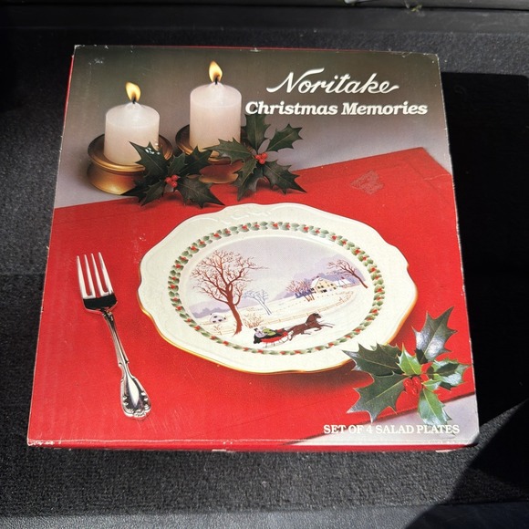 4 Pc NORITAKE Ivory China 7291 Salad Plates Christmas Memories Poinsettia NIB
